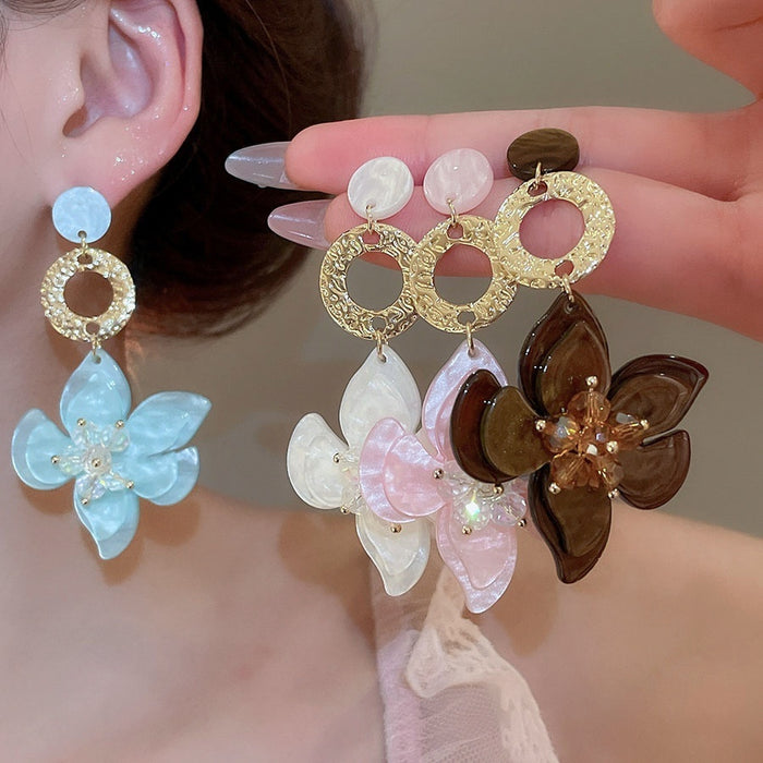 Silver Pin Resin Glass Flower Tassel Drop Earrings Chic Sweet Luxury Floral Jewelry for Women