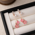Elegant Pink Enamel Cherry Blossom Pearl Rhinestone Alloy Drop Stud Earrings view 2