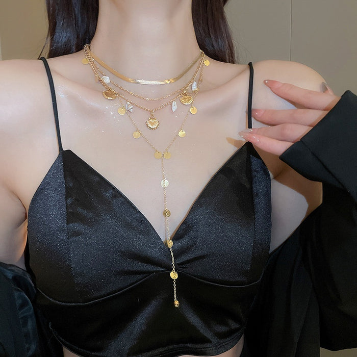 Alloy Conch Shell Sequin Chain Necklace European American Light Luxury Collarbone Jewelry