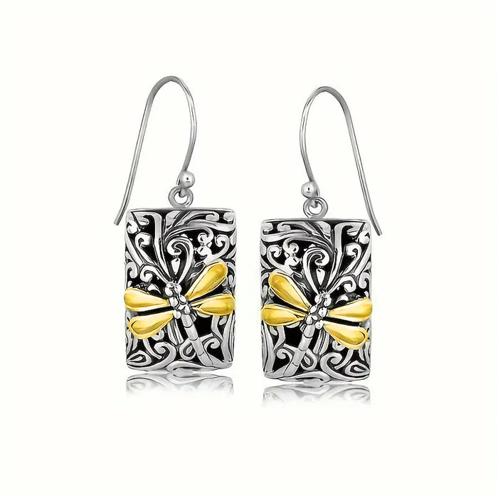 Vintage Maillard Dragonfly Earrings For Women, Two Tone Textured Forest Style Niche Jewelry