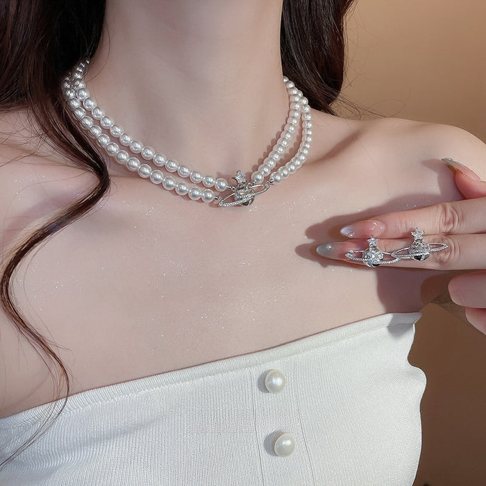 2026 French Light Luxury Faux Pearl Zircon Saturn Star Pendant Clavicle Necklace
