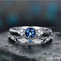 Blue Or Green Round Solitaire Floral Two-Ring Set In Silver Tone view 5
