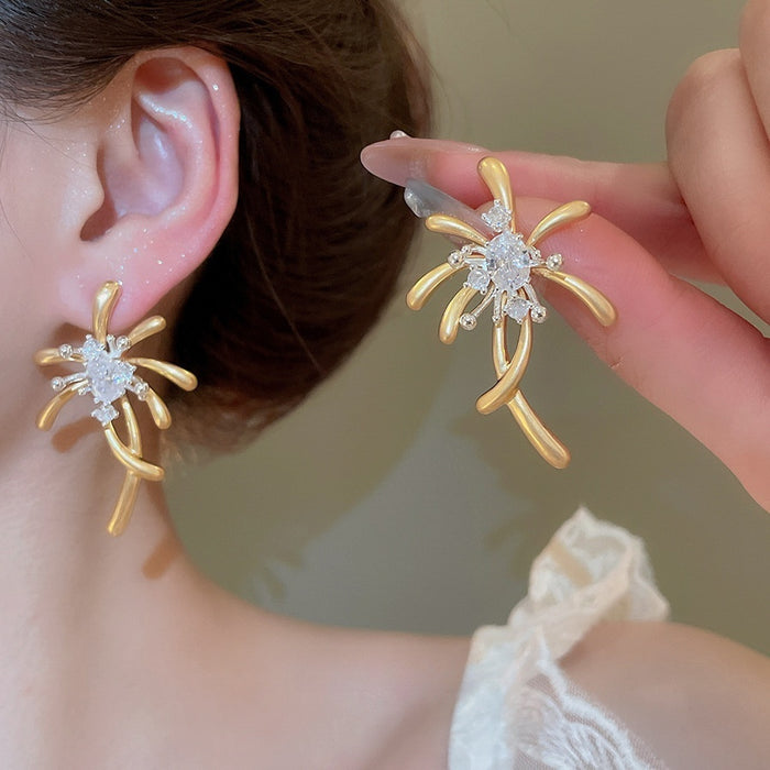 Copper Zircon Firework Flower Drop Earrings Light Luxury Fashion Stud Earrings for Women