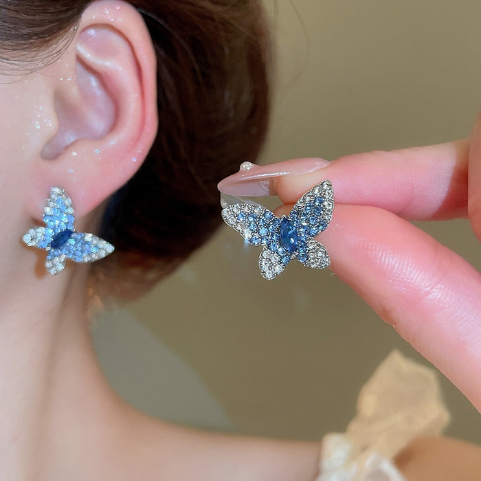 Elegant Alloy Butterfly Stud Earrings With Silver Pins And Rhinestone Accents For Women