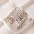 Bohemian Ethnic Wide Cuff Bracelet With Rhinestone Texture, Luxury Metal Line Bangle Jewelry view 4