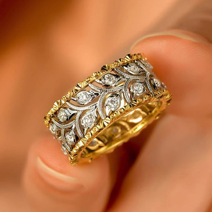 Two Tone Metal Wheat Leaf Ring With Inlaid Zircon, Elegant High Fashion Statement Finger Jewelry