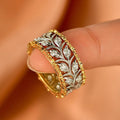 Two Tone Metal Wheat Leaf Ring With Inlaid Zircon, Elegant High Fashion Statement Finger Jewelry view 2