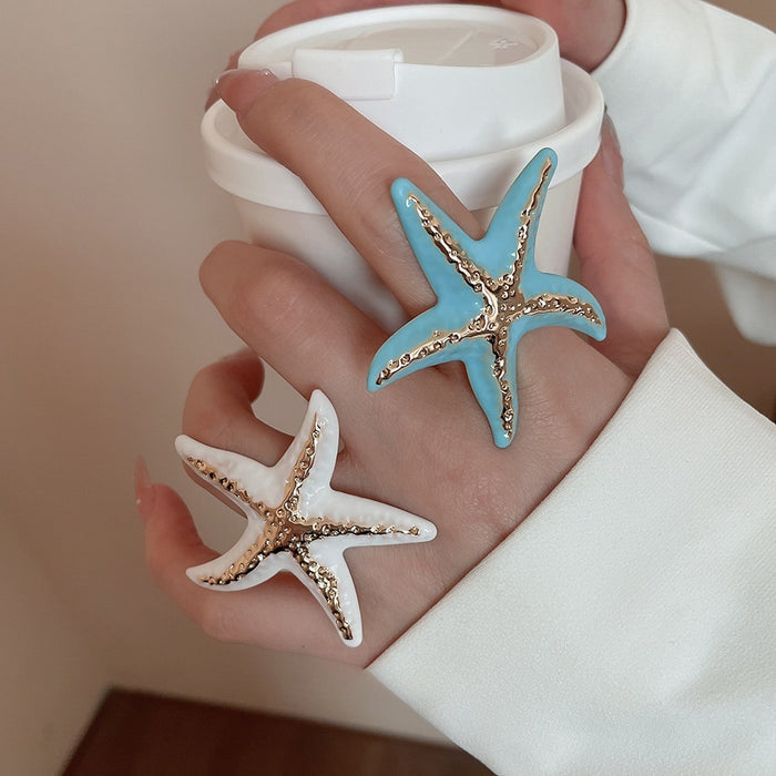 Metal Enamel Wrinkled Starfish Open Ring For Women Bohemian Vacation Statement Jewelry