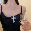Light Luxury Faux Pearl Rhinestone Hollow Cross Pendant Necklace For Women view 1