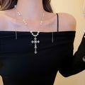 Light Luxury Faux Pearl Rhinestone Hollow Cross Pendant Necklace For Women view 3