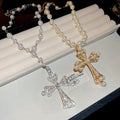 Light Luxury Faux Pearl Rhinestone Hollow Cross Pendant Necklace For Women view 2