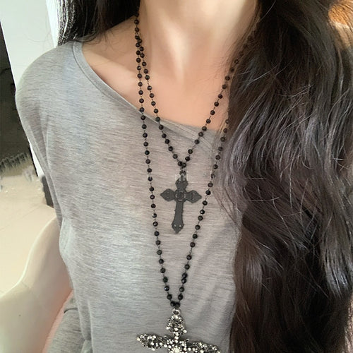 Rhinestone Hollow Cross Alloy Pendant Sweater Necklace For Women Dark Gothic Geometric Style