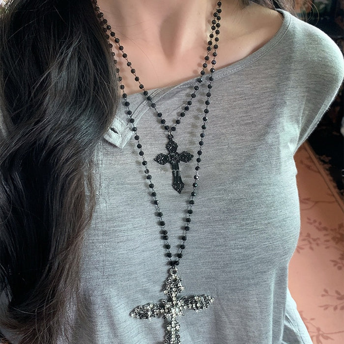 Rhinestone Hollow Cross Alloy Pendant Sweater Necklace For Women Dark Gothic Geometric Style