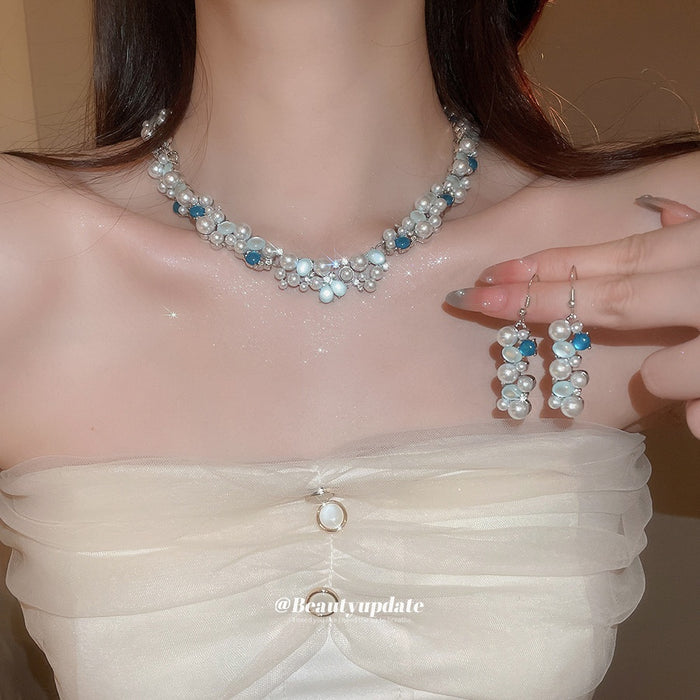 Oval Faux Pearl Rhinestone Jewelry Set For Women, Elegant Geometric Luxury Collar Necklace