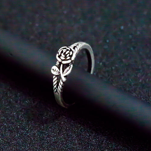 Antique Silver-Tone Open Rose Ring With Leaf Detail shown in angled product view