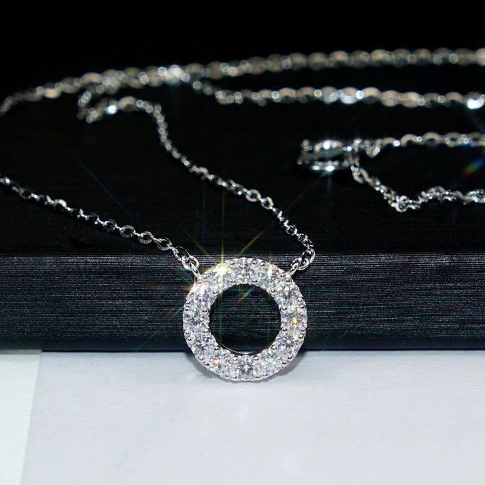 Round Hollow Geometric Necklace With Micro Paved Zircon, Shiny Elegant Daily Jewelry