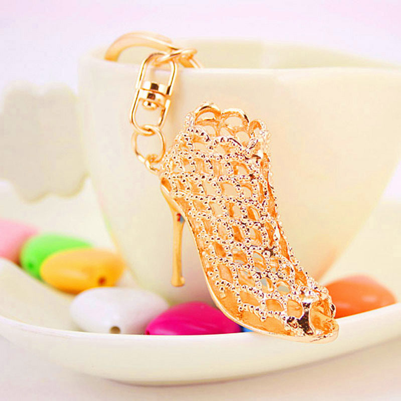 Rhinestone High Heel Shoe Keychain Hollow Metal Bag Charm for Car Keys