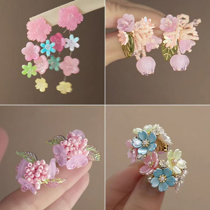 Colorful Beaded Flower Stud Earrings Alloy Fresh Forest Style Vacation Jewelry For Women