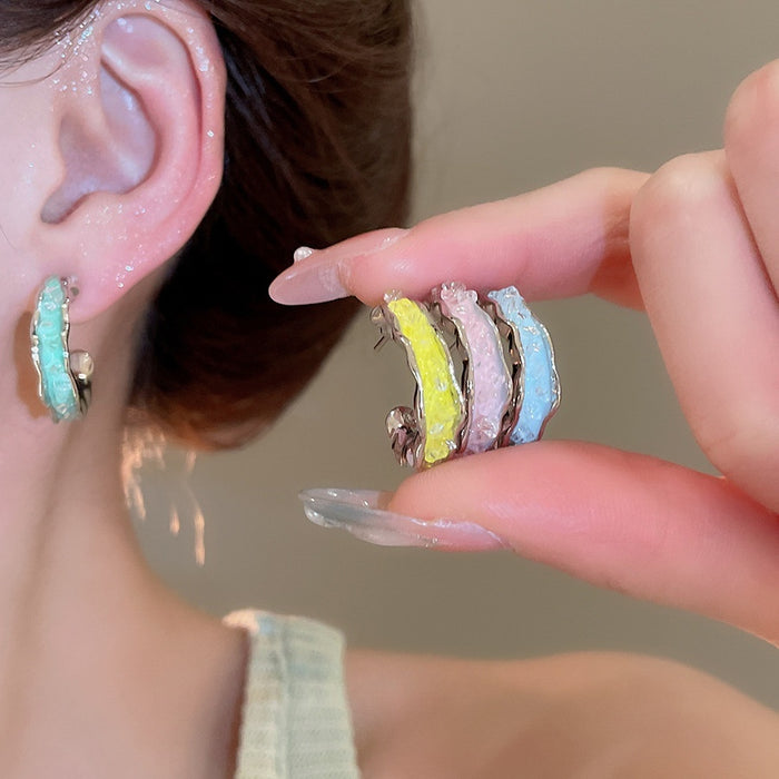 Fresh Minimalist C Shape Wrinkled Crystal Stud Earrings With Sterling Silver Pins Geometric Round Design
