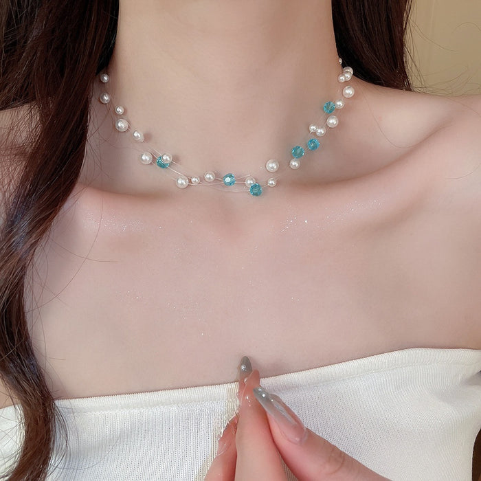 Elegant Layered Faux Pearl Glass Crystal Beaded Round Geometric Clavicle Necklace For Women