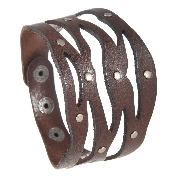 Adjustable Hollow Wide Leather Couple Bracelet Punk Hip Hop Studded Cowhide Cuff