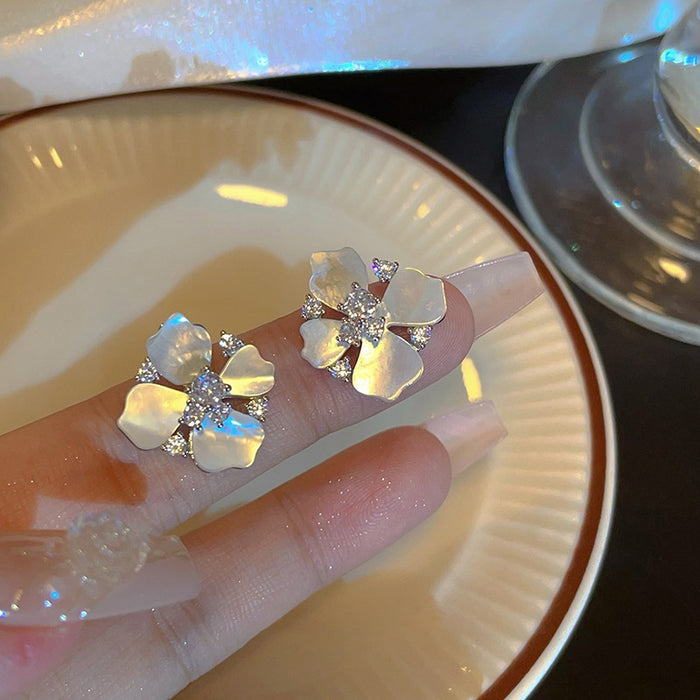 Light Luxury Zircon Mother Of Pearl Flower Stud Earrings Copper Sweet Versatile Jewelry