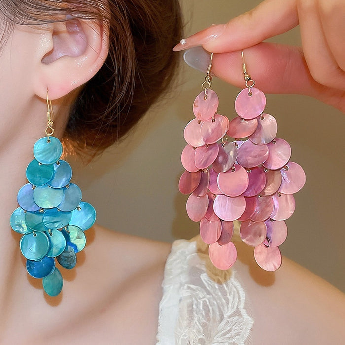 Round Shell Tassel Drop Earrings, Geometric Beach Vacation Style Ear Hook Jewelry