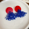 Vintage Chinese Style Acrylic Round Disc Red Blue Mesh Stud Earrings Geometric Statement Jewelry view 4