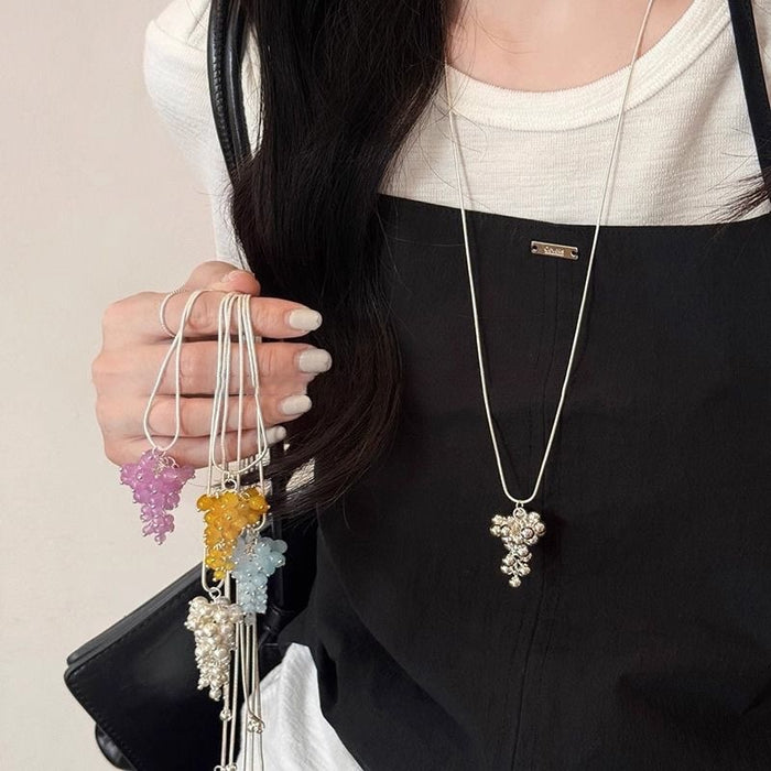 Copper Round Glass Bead Grape Cluster Pendant Necklace For Women Minimalist Geometric Collarbone Jewelry