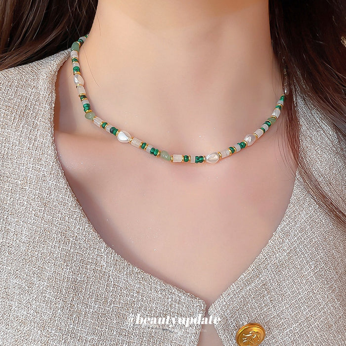 New Chinese Style Faux Pearl Natural Stone Beaded Geometric Round Collarbone Necklace