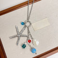 Glazed Glass Starfish Heart Square Round Pendant Necklace, Beach Vacation Minimalist Collarbone Jewelry view 2