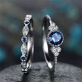 Blue Or Green Round Solitaire Floral Two-Ring Set In Silver Tone view 2