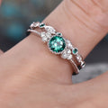 Blue Or Green Round Solitaire Floral Two-Ring Set In Silver Tone view 3