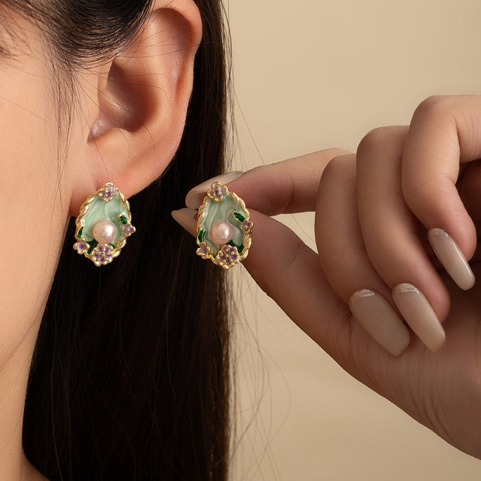 Vintage Monet Garden Green Enamel Pearl Studs With Purple Floral Rhinestone Alloy Elegant Earrings