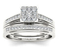 Silver Square Cluster Cubic Zirconia Bridal Two Ring Set view 1