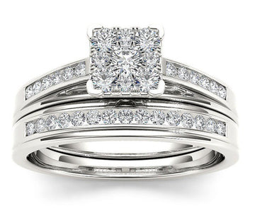 Silver Square Cluster Cubic Zirconia Bridal Two Ring Set