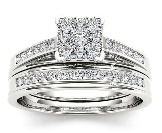 Silver Square Cluster Cubic Zirconia Bridal Two Ring Set