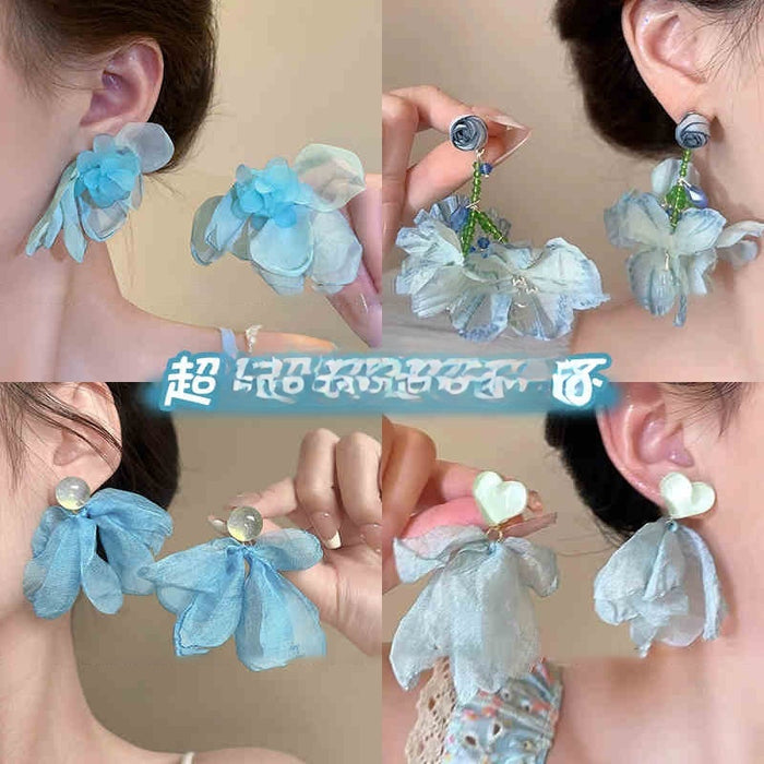 Blue Mesh Flower Resin Stud Earrings Fresh Elegant Beach Vacation Light Luxury Jewelry