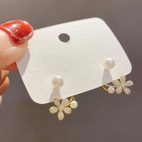 Gentle Flower Stud Earrings And Faux Pearl Flower Ear Clips, Elegant Daily Jewelry