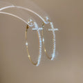 Alloy Silver Needle Rhinestone Cross Round Hoop Earrings Vintage European Style Women's Jewelry view 4