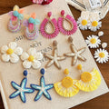 Colorful Woven Flower Alloy Stud Earrings, Summer Beach Vacation Style Fashion Jewelry view 2