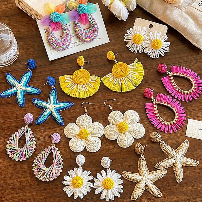Colorful Woven Flower Alloy Stud Earrings, Summer Beach Vacation Style Fashion Jewelry