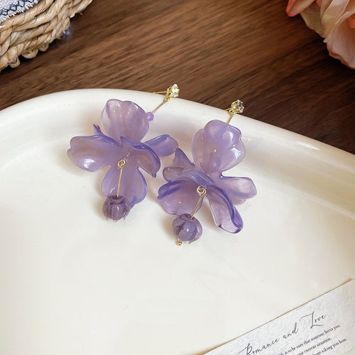 Sweet Resin Flower Zircon Silver Needle Drop Earrings For Women Fresh Minimalist Floral Jewelry
