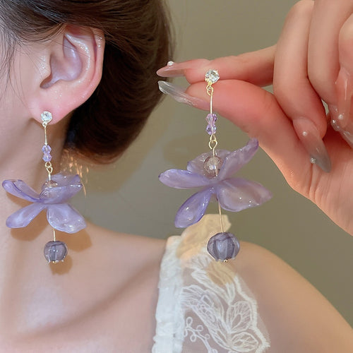 Sweet Resin Flower Zircon Silver Needle Drop Earrings For Women Fresh Minimalist Floral Jewelry