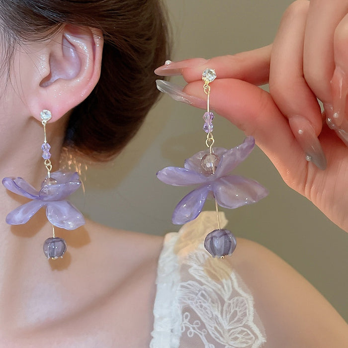 Sweet Resin Flower Zircon Silver Needle Drop Earrings For Women Fresh Minimalist Floral Jewelry