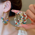 Faux Pearl Wrapped Round Hoop Earrings With Silver Pins Fresh Sweet Dopamine Style view 1