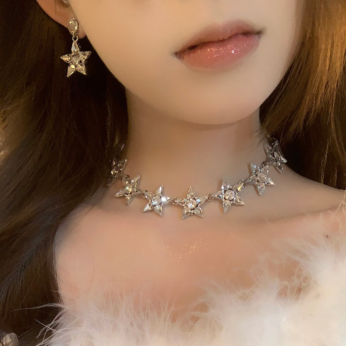 Rhinestone Star Spliced Alloy Choker Necklace For Women, Minimalist Luxury Collarbone Chain