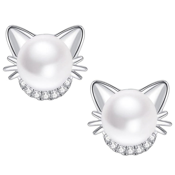 Cute Cat Ear Stud Earrings With Faux Pearl Elegant Daily Accessories For Girls