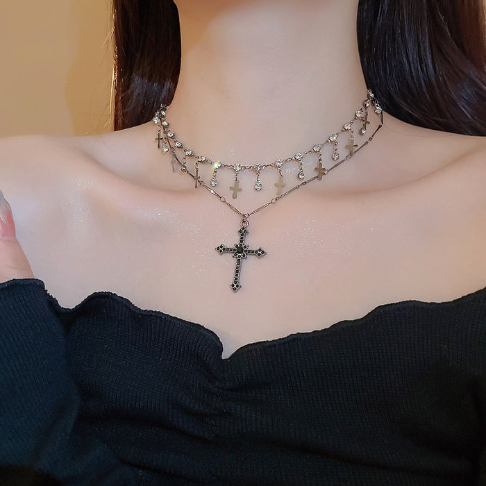 Vintage Double Layer Rhinestone Round Glass Cross Pendant Necklace For Women