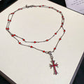 Vintage Double Layer Rhinestone Round Glass Cross Pendant Necklace For Women view 4